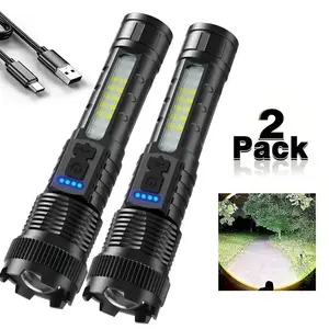 2 Rechargeable Zoom Super Bright Flashlights, Suitable for Emergency Power Outages, Outdoor Camping, Hurricane Rechargeable LED Battery Powered, with 6 Lighting Modes and COB Side Light Strong Light, Red and Blue Flashing Flashlights