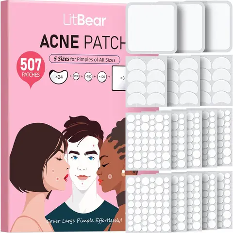 LitBear Hydrocolloid Acne Patches - 507 Count, 5 Sizes Including Large Patches, Gentle Skin-Friendly Formula, Unscented, Comfortable to Wear, Redness Relief for Sensitive Skin, Travel Essential (#DealsForYouDays)