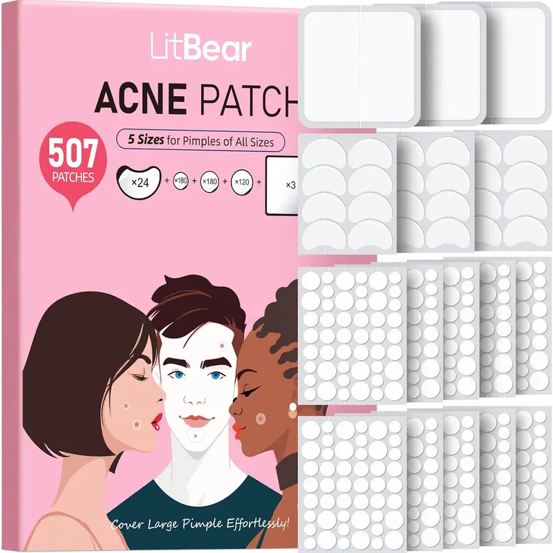 LitBear Hydrocolloid Acne Patches - 507 Count, 5 Sizes Including Large Patches, Gentle Skin-Friendly Formula, Unscented, Comfortable to Wear, Redness Relief for Sensitive Skin, Travel Essential (#DealsForYouDays)