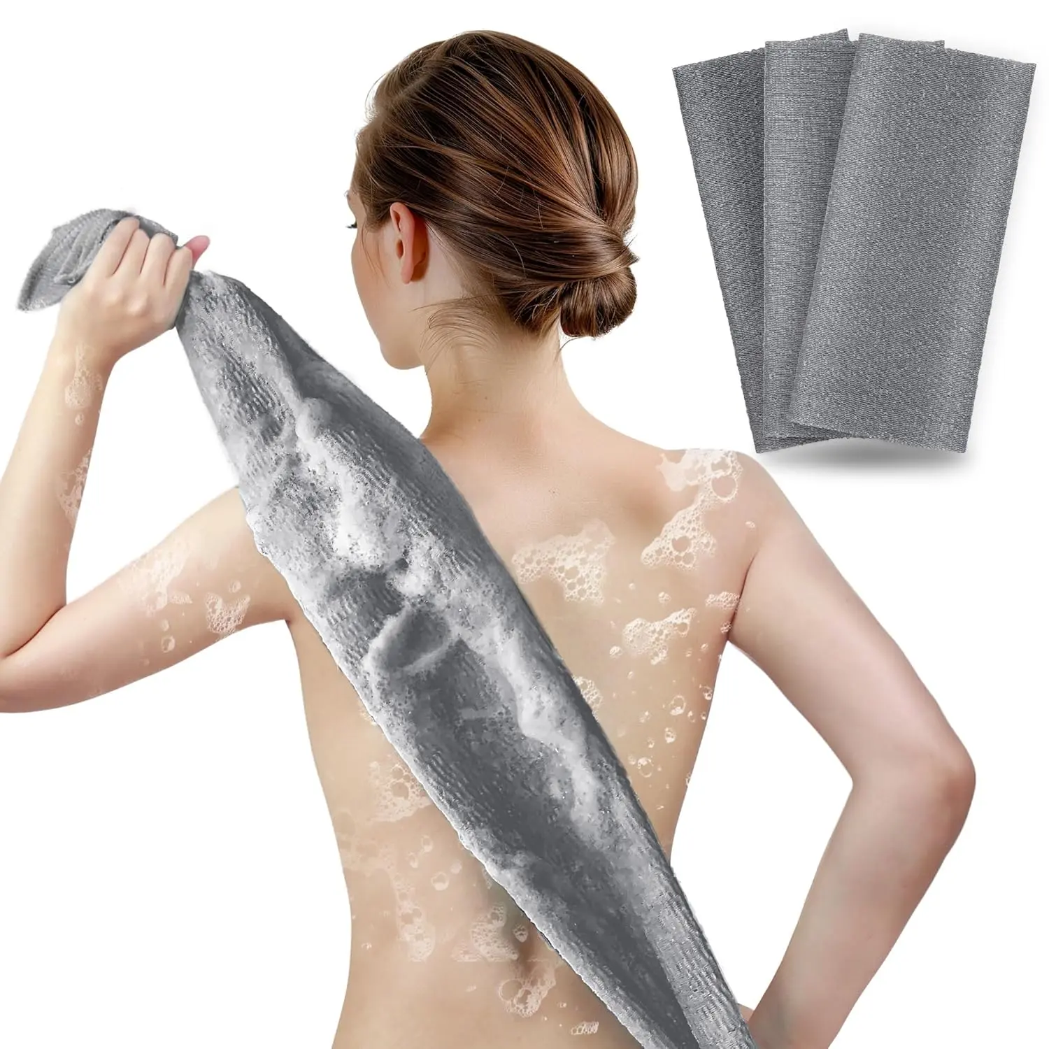 Washcloth   - 3 Pack  Korean  Style Bath Towel for  Removal, Extra Long 35   with  Nylon Mesh for Smooth Glowing  (Gray x 3)