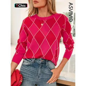 Women’s Casual Glitter Rhombus Pattern Knit Sweater Pullover, Long Sleeve Spring & Autumn Fashion, Geometric Style for Everyday Wear, Knitwear