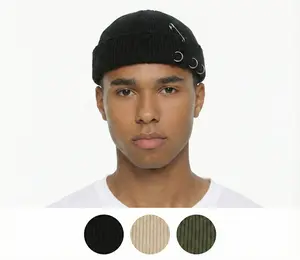 High Level Unisex 8in Acrylic Knitted Skully Beanie - Ripped Edges, Distressed Design with Rings & Safety Pin, Plain Tombstone Hat, Stylish Hat Accessory for Streetwear Outfits (Beige/Army Green/Black)