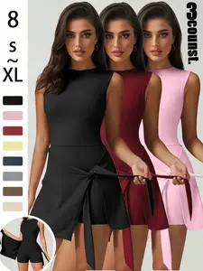 Women's Sporty Plain Dress, 2-In-1 Front Tie Wrap Dress, Sleeveless Round Neck, Above Knee, All Seasons, Athletic Tennis Dress, Tennis & Fitness