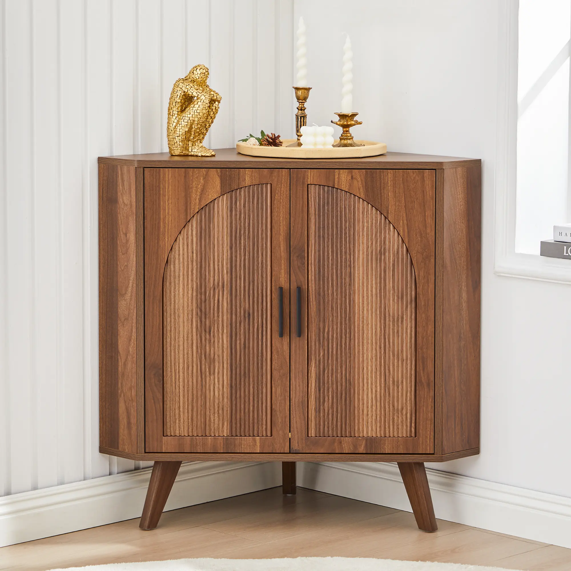FurSch Fluted Corner Storage Cabinet, Space-Saving Corner Floor Cupboard with Arched Panel Doors, Modern Accent Cabinet with Adjustable Shelf for Living Room Kitchen Bathroom