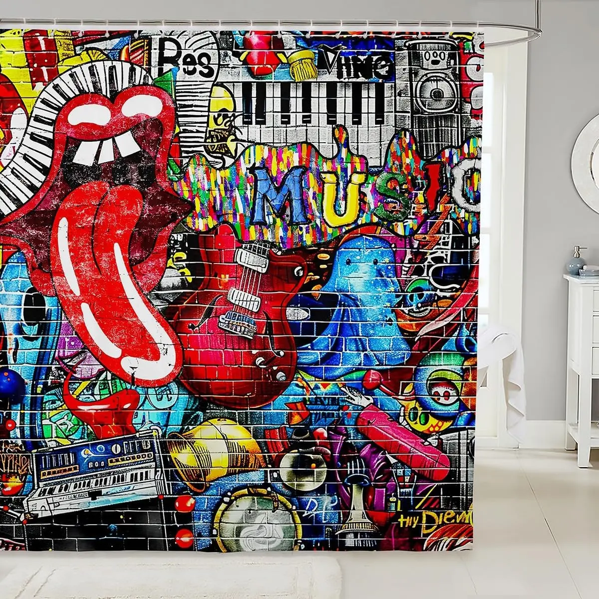 Music Themed Graffiti Bathroom Curtain,& Colorful Brick Wall Graffiti Fashion Red Lips 3D Print Waterproof Bath Curtain,