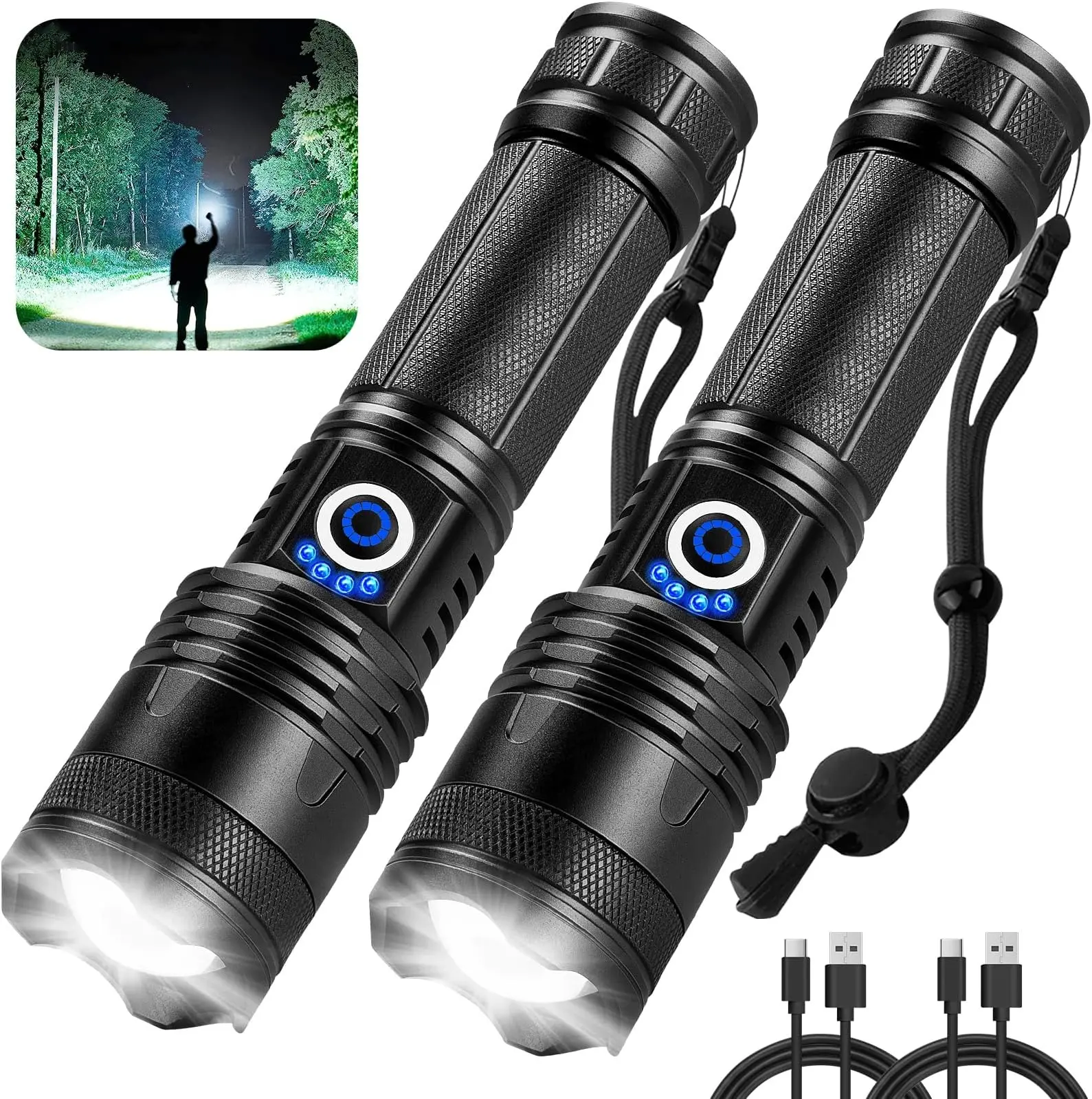 2 Pack High Power Waterproof Rechargeable Flashlight Multifunctional Outdoor Camping Torch Light Portable Emergency Survival Handheld Lamp