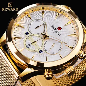REWARD Watch Male New Luxury Brand Chronograph 24-hour Displaydate Calendar Clock Man Luminous Hands Gold Watch Stainless Steel Strap Relogio Masculino