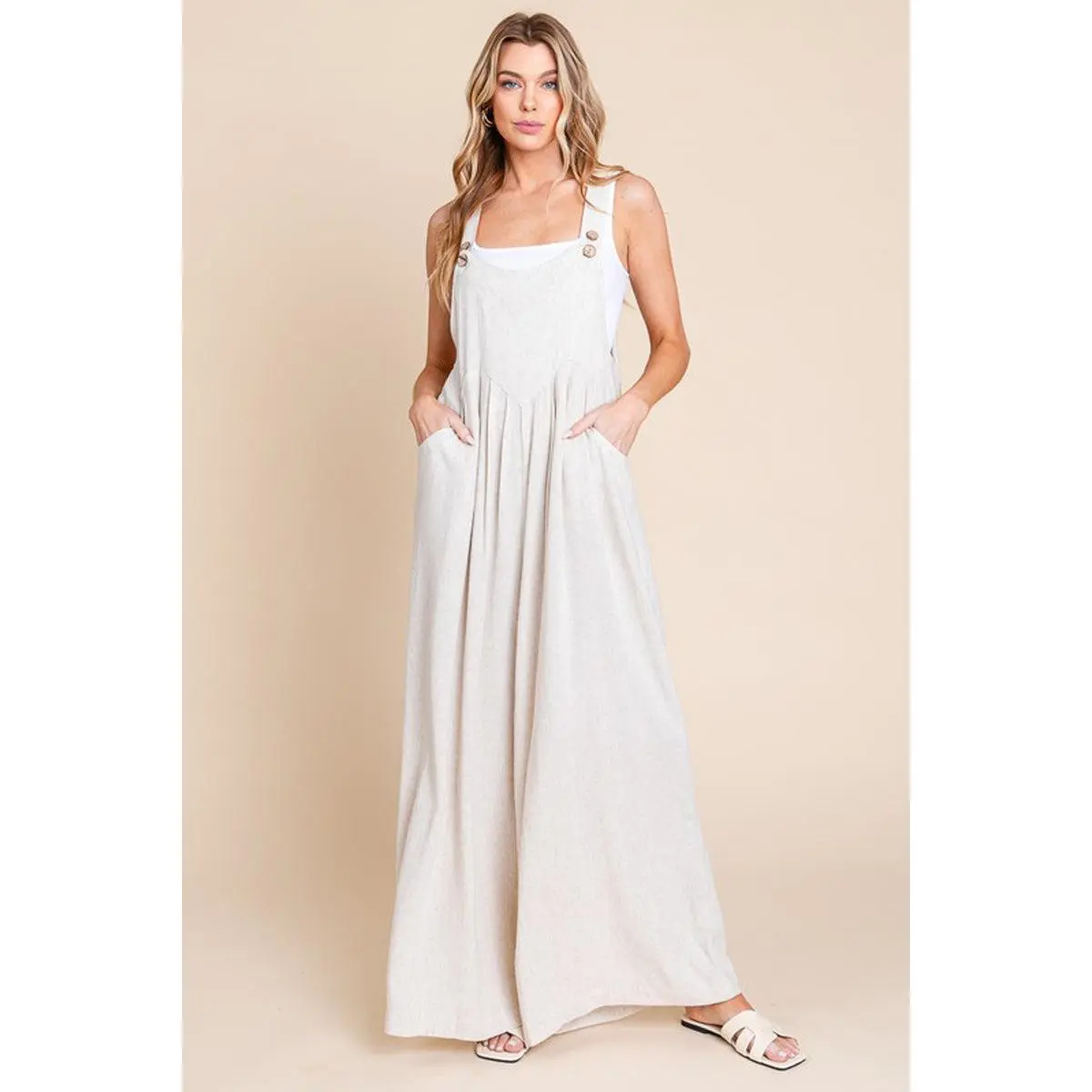 Wide Leg Washed Linen Overall Jumpsuit