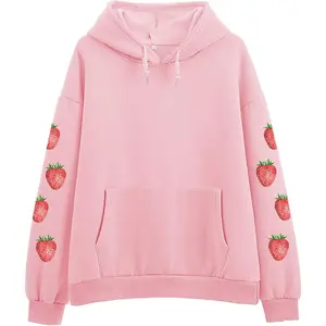 Women's Cute Sweatshirt Strawberry Sleeve Printed Cotton Warm Hoodie with Pocket