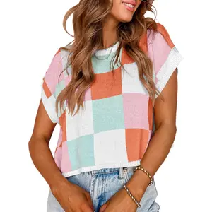 Saodimallsu Womens Cap Sleeve Crop Tops Summer Color Block Going Out Crew Neck Knit Trendy Casual Sweater