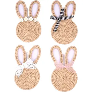Easter Bunny Shaped Hemp Rope Coasters 4pcs 4 Styles Absorbent Cork Base with Lace Daisy Bow Design for Mugs Kitchen Parties