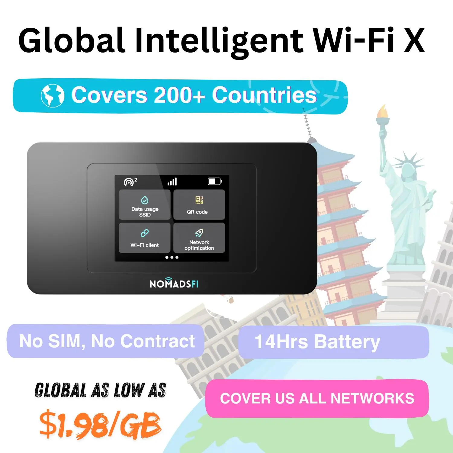 New 2026 PocketFi X LTE Portable WiFi Hotspot with Touch Screen, 10GB Data, No SIM Required, Supports 200+ Countries, Mobile Hotspot Device