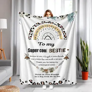 To My Super Cool Bestie Unbiological Sister Leopard Rainbow Throw Blanket-Clean White Background Boho Leopard‑Print Rainbow & Green‑Leaf Floral Blanket,Perfect Sentimental Long‑Distance Gift for Bestie & Unbiological Sister
