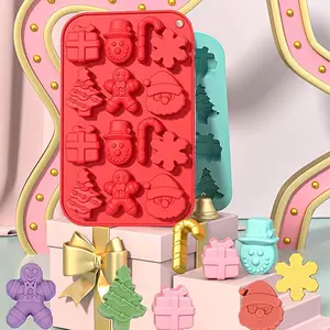 Christmas Silicone Chocolate Molds, 14-Cavity Christmas Tree Snowflakes Snowman Santa Claus Gift Box Gingerbread Walking Stick Shape Molds for DIY Handmade Soap, Candles, Jello, Fondant Candy