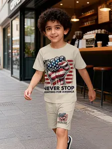 Two-piece Boys' Outfit with American Flag Fist Pattern, Short Sleeve and Shorts Set, 100% Polyester Casual Loose Outfit, Summer Fun Printed Design, Outdoor Sports T-shirt Set, Perfect Gift for Boys