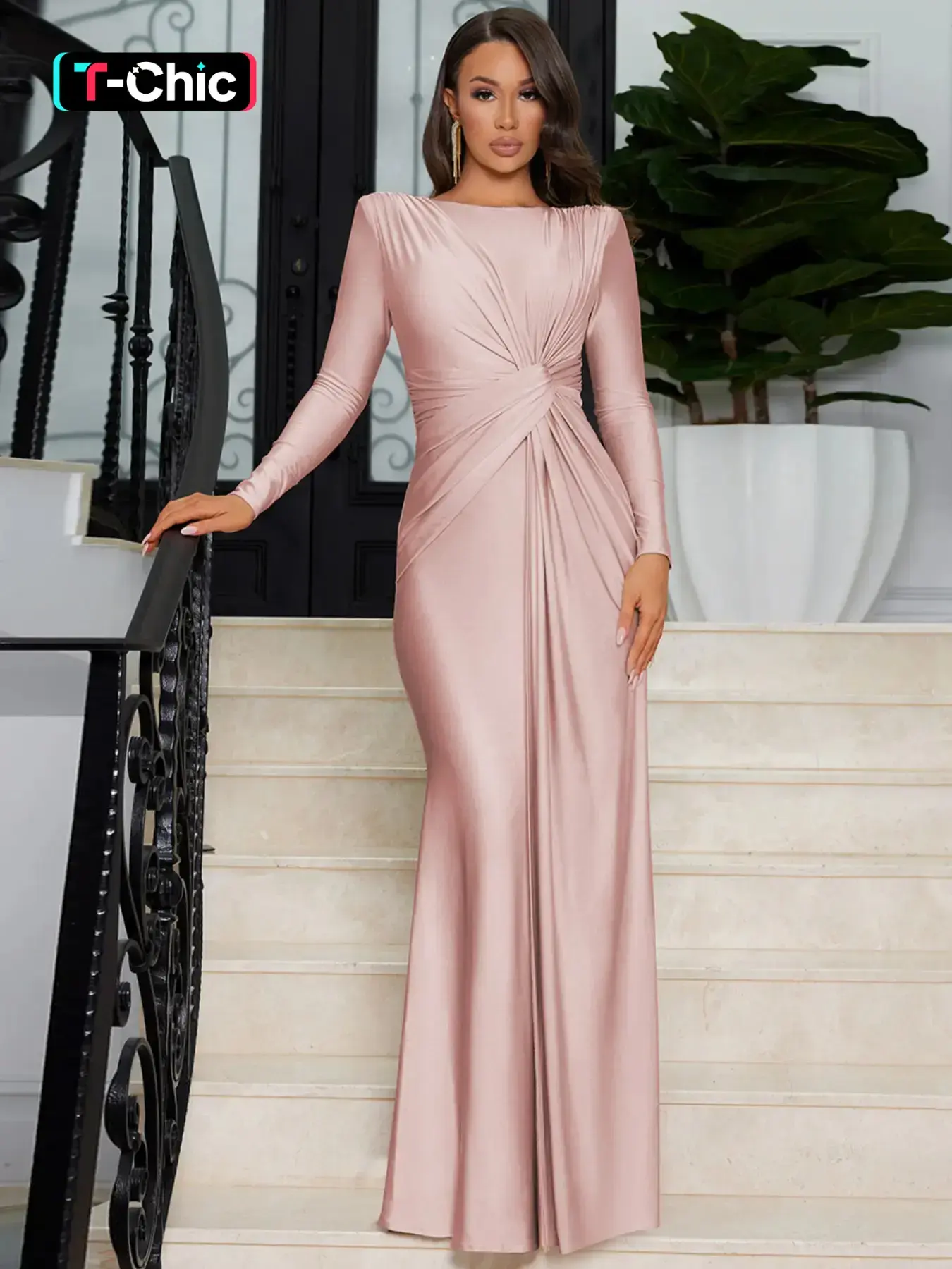 Women's Plain Twist Boat Neck Dress, Elegant Classy Flattering Long Sleeve Maxi Dress for Party Club Women's Plain Twist Boat Neck Dress, Elegant Classy Flattering Long Sleeve Maxi Dress for Party Club
