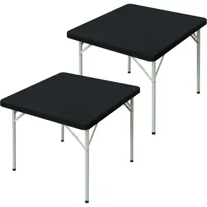 2 Pack Square Fitted Tablecloth 34X34 Inch Stretch Spandex Card Table Cover Black Washable Cloth Elastic Table Topper for Indoor and Outdoor