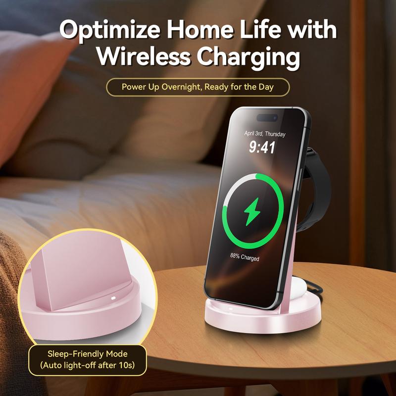 Premium Wireless Charger Stand with Case-On Charging & Sleep-Friendly Mode for iPhone, Samsung, Apple Watch & AirPods — Includes Power Adapter