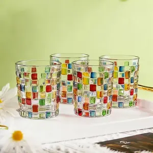 4pack Hand-Painted Glass Whiskey Cups, Vibrant Diamond Crystal Glass, Durable Wedding & Home Bar Glasses, Unique Gift Set, Crystal Glassware