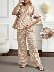 ZENIE Trendy Plaid Lace Up Blouse and Wide Leg Pants 2 Piece Set Cute and Comfy Everyday Outfit Perfect for Bump
