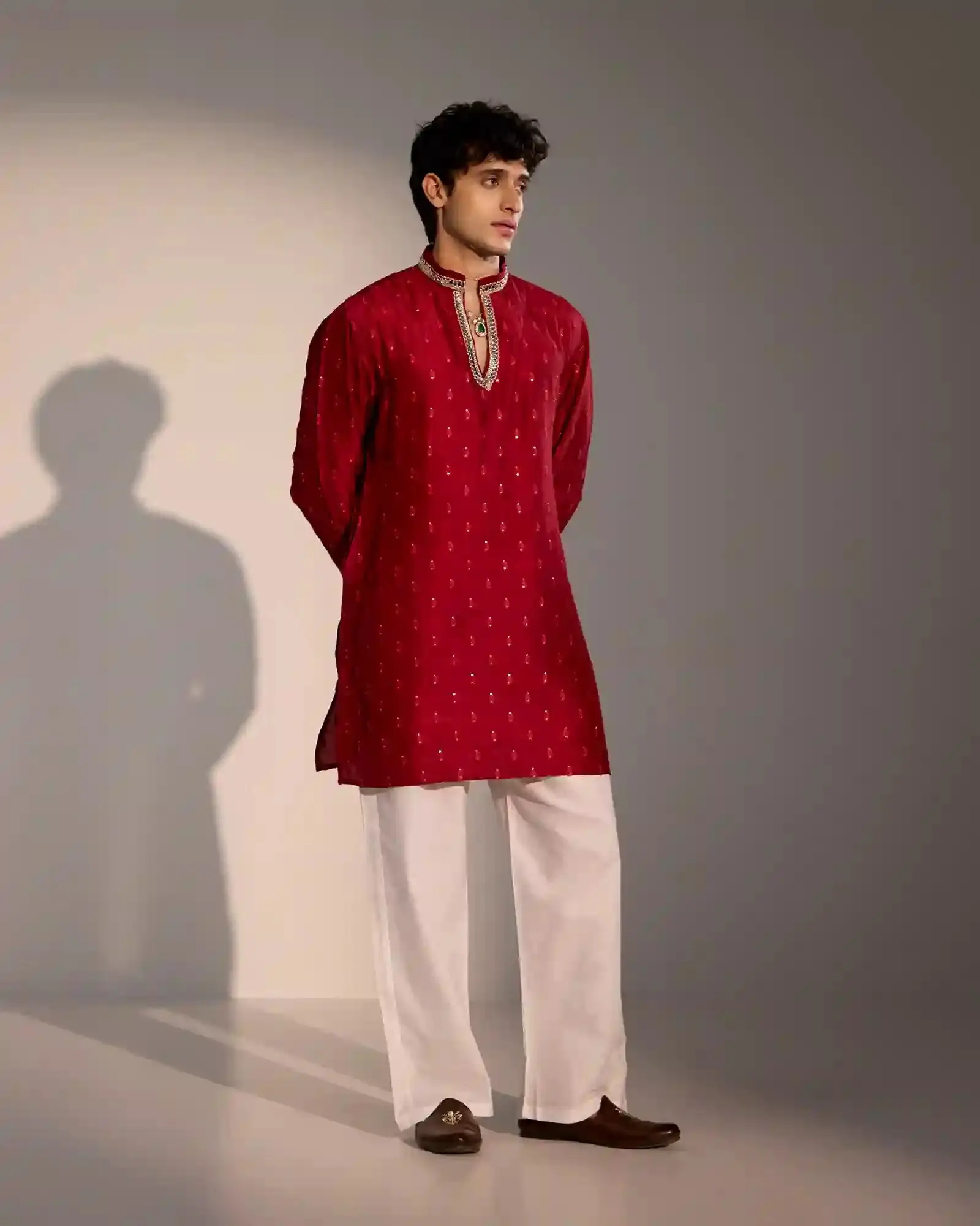Men's Chic Maroon Silk Kurta Set with Tonal Threadwork - Lightweight S-XL Modest Islamic Ethnic Wear for Wedding, Holiday