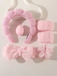 Stop Getting Your Sleeves Wet! 6pcs Pink Skincare Headband and Wristband Set for Washing Face, Puffy Microfiber Headbands, Absorbent Wrist Wash Bands, Spa Headband for Women Girls, Soft Headband.