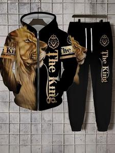 2-piece men's THE KING and lion print spring and autumn long sleeved hooded sweatshirt+pants set, casual and fashionable gift box set