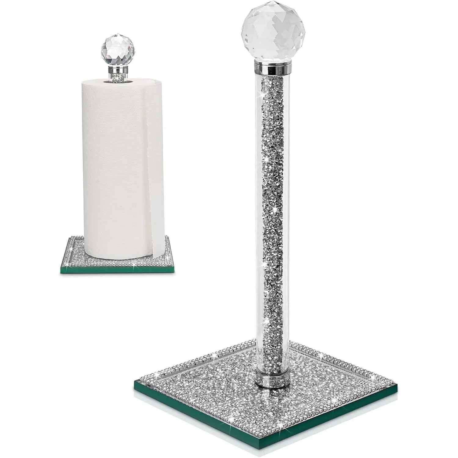 Crystal Paper Towel Holder Stand, Silver Paper Roll Holder Countertop, Decorative Bling Tissue Holder Sparkly Crushed Diamonds for Bathroom Kitchen Toilet, 13 Inches Home Decor