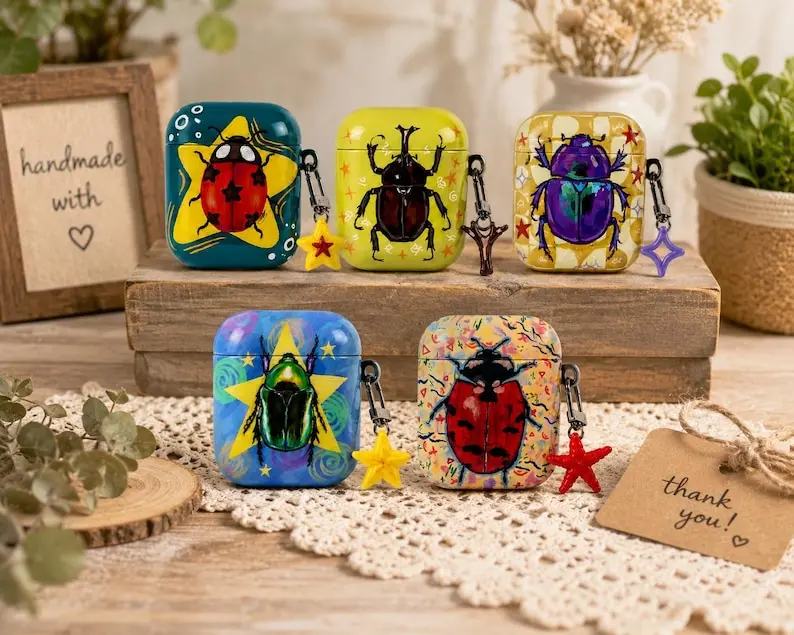 Vintage Beetle AirPods Gen 1 2 3 4 Pro Case, Colorful Insect Earbud Cover, Cottagecore Bug Nature Lover Gift, Artistic Beetle Cover Gift