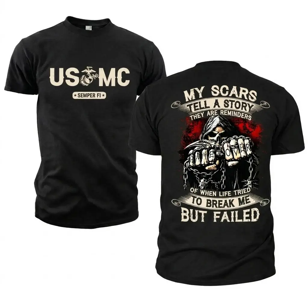 USMC Semper Fi Skull T-Shirt, My Scars Tell A Story Military Veteran Graphic Tee, Patriotic Short Sleeve Shirt for Men, Casual Streetwear Gift, Full Sizes