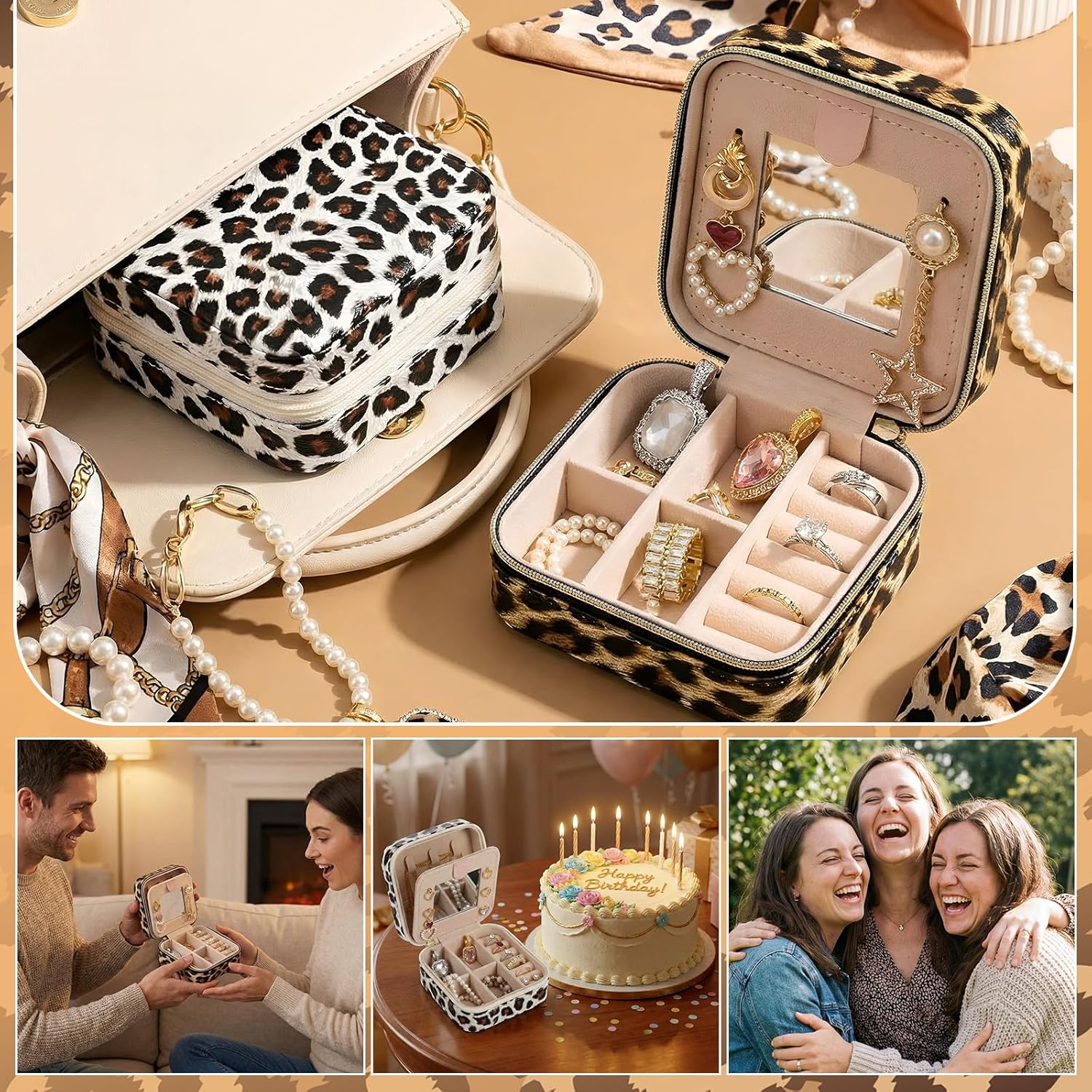 Women’s Leopard Print 2-Pack Classic Leather Velvet Laser Jewelry Box, Small Dustproof Travel Storage Box for Rings and Earrings