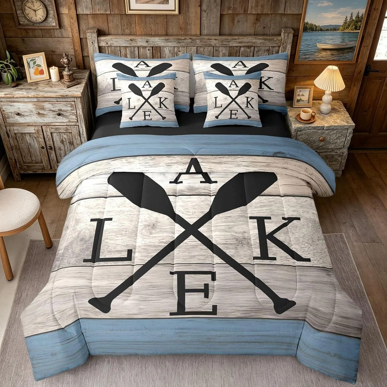 Lake House Decor Home Rustic Comforter Set 7-Piece Bed in a Bag | Lake Paddle Boat Bedding Sets Cabin Brown Grey Blue Wooden Plank Farmhouse Comforter and Sheet Set,Lake Decor Women