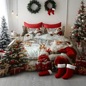 2/3 piece digital printed quilt cover and pillowcase, Santa tree pattern design, cute theme pattern, all polyester soft and comfortable fabric suitable for bedrooms, hotels, Valentine's Day gifts