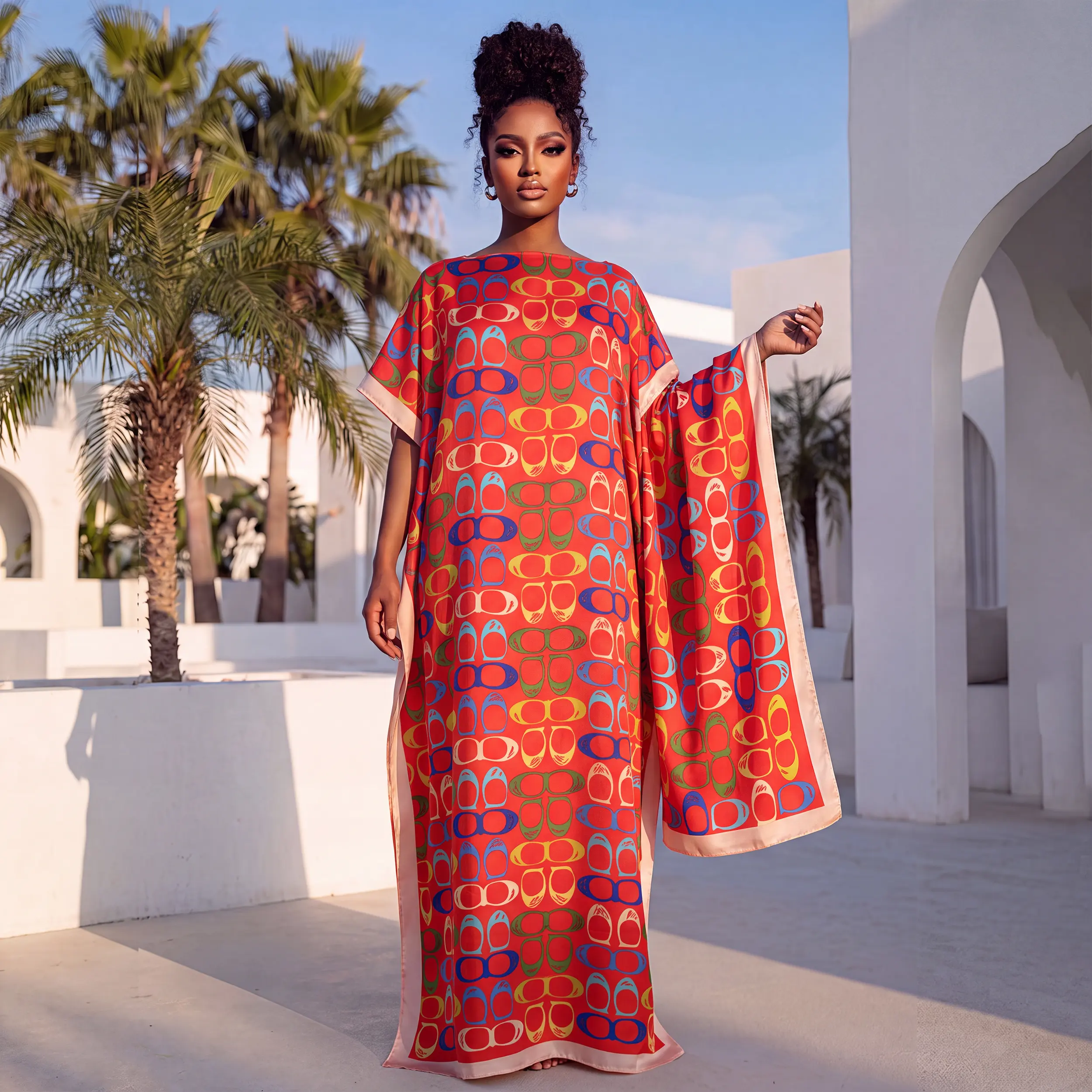 Vintage Geometric Print Abaya Set, Loose Batwing Satin Kaftan Dress With Matching Hijab Scarf, Modest Islamic Women Daily Party Outfit