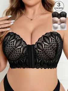 【Plus Size】 Women's Solid Color Lace Push Up Front-Closure Bra, Soft Comfy Breathable Underwire Backless Bras with Removable Straps for Women Daily Wear