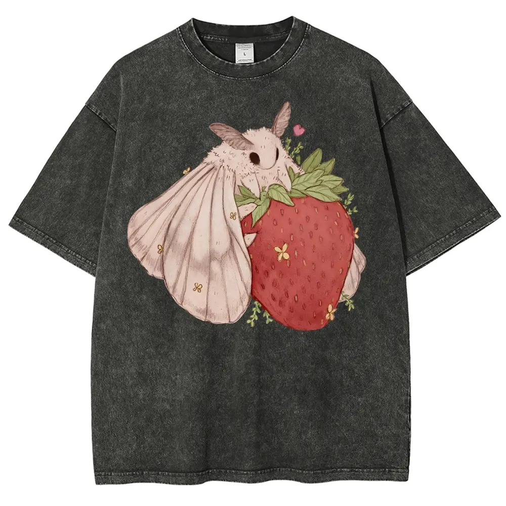 Unisex Vintage Acid Wash Oversized Cotton T Shirt for Women Men, Cute Poodle Moth Strawberry Floral Cottagecore Retro Graphic Short Sleeve Tee, Witchy Nature Insect Aesthetic Casual Cotton Top