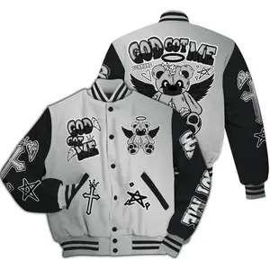 God Guides Me Bear Varsity Jacket, Faith Inspired Bomber, All-Over Graphic Streetwear, Uplifting Gift for Believers