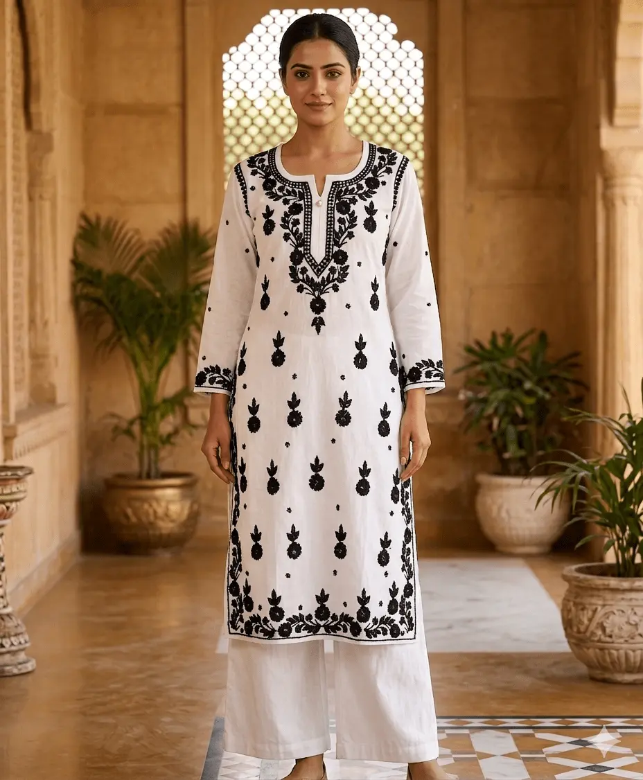 Pure Cotton White and Black Kurti