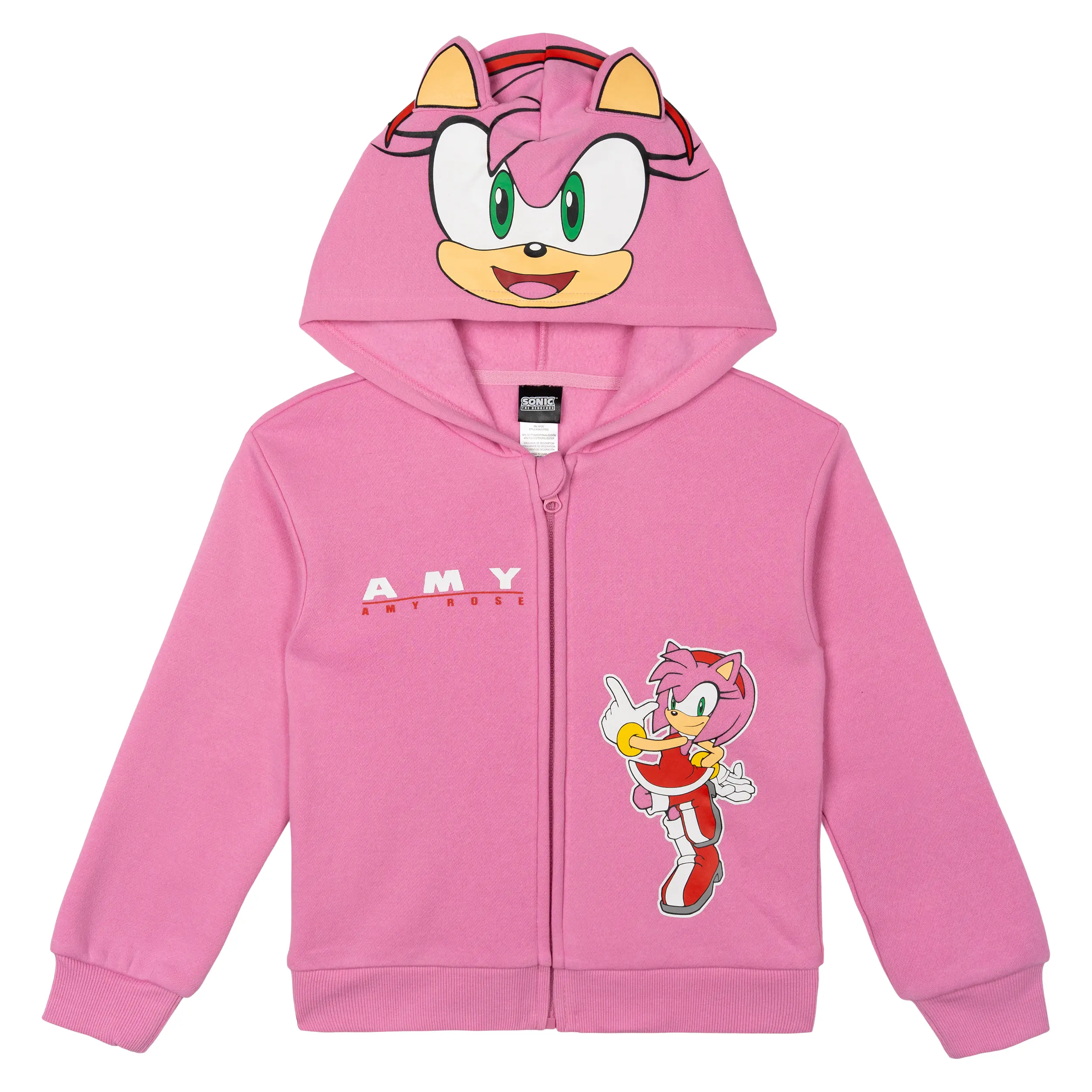 SEGA Sonic the Hedgehog Amy Rose Girls' Character Print Cosplay Look Zip-Up Hooded Sweatshirt, Pink, Toddler to Big Kid, CPSIA Label, Hidden Zipper, Daily Wear Top