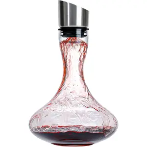 Hand Blown  Decanter with Aerator, 1300ml/44oz Red  Decanter,   Carafe with Stainless Steel Pour Lid and Filter, Elegant Design Easy Pour,  Aerator  Gifts
