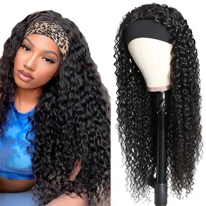 Deep Wave Headband Wig Human Hair 16 Inch Curly Headband Wigs for Black Women Human Hair Glueless None Lace Front Wig Brazilian Virgin Hair Wear and Go Wigs 150% Density Natural Black Color