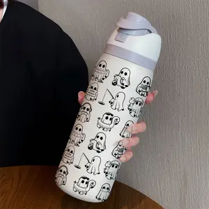 32oz Dual Drink Sports Water Bottle, Ghost Pattern, 304 Stainless Steel Vacuum Insulation, Large Capacity Fruit Cup, Perfect Summer Gift