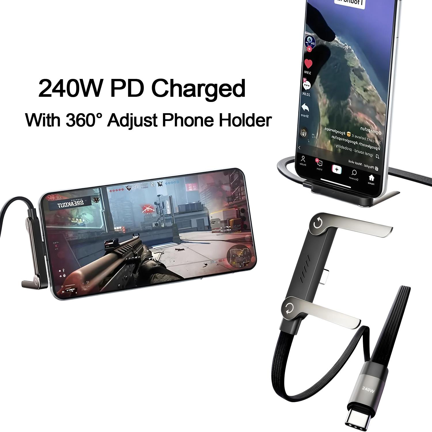 240W Super Fast Charging,Invisible Holder Charger Cable with Stand,Built-in Phone,Type C Braided Design for Gaming Office Travel Plug Cellphone