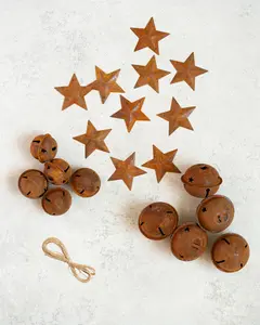 Christmas Ornaments - Set of 20 Rustic Christmas Decor - Comes with jute twine - 5 Star-Cut Bells (1.57"), 5 Star-Cut Bells (1.18"), and 10 Metal Stars with Holes (1.57") — Rustic Farmhouse Craft Decor for Wreaths & Ornaments