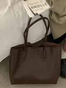 Women's Fashionable Solid Color Soft PU Leather Tote Bag, Large Capacity Shoulder Tote Bag For Daily, School & Commuting Used, Leather Tote Purses