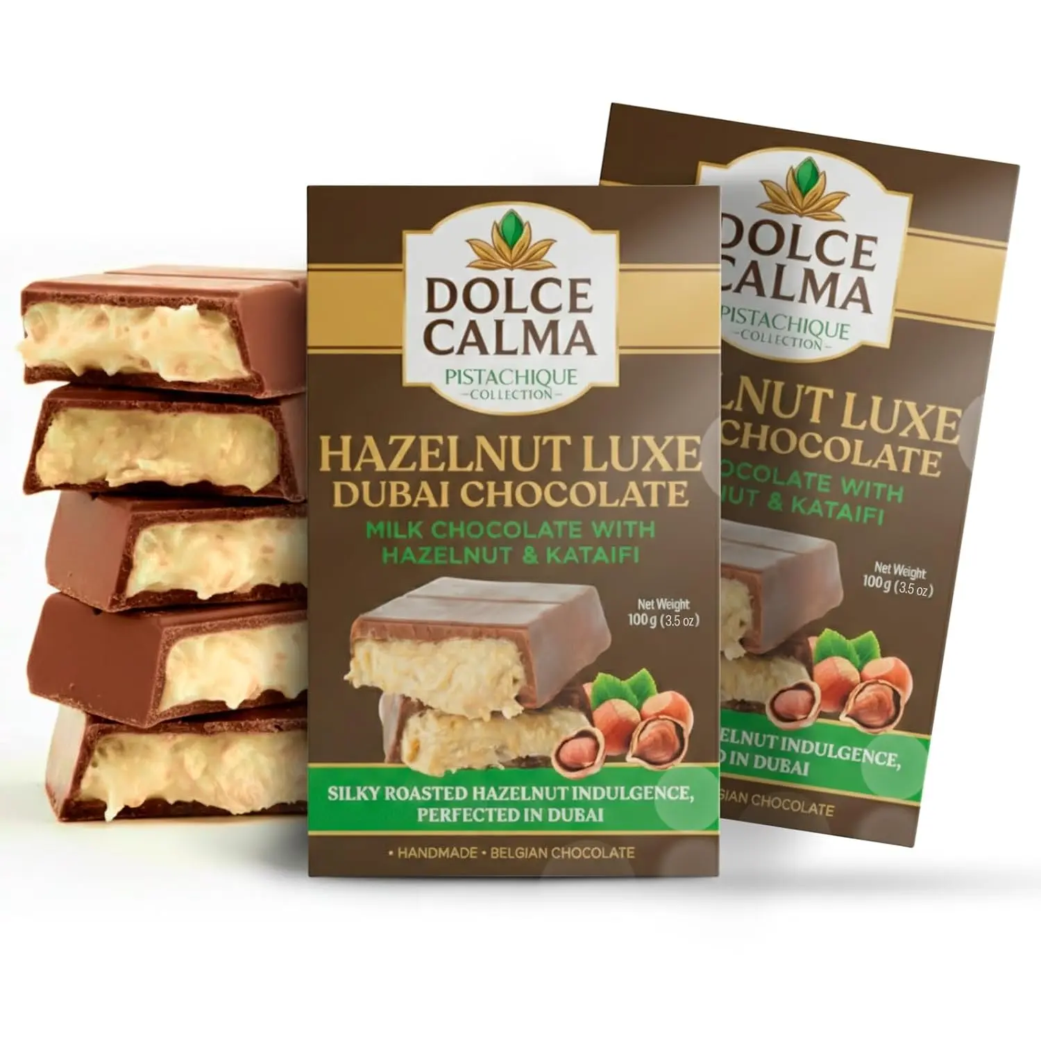 Dolce Calma Hazelnut Dubai Chocolate Bar (Pack of 2, 100g/3.5oz) - Authentic Handmade Belgian Chocolate with Turkish Pistachio, Crispy Kataifi Kunafa Filling, No Palm Oil, Ships with 2 Ice Gel Packs