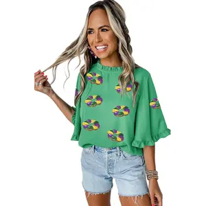 Chic Women's Green Sequin Doughnut Graphic Blouse with Ruffled Trim and Bell Sleeves for Mardi Gras