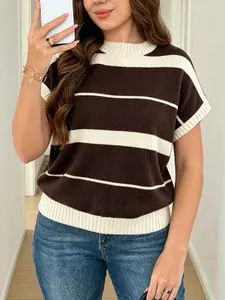 Plus Size Elegant Striped Short Sleeve Knit Top, Casual Daily Wear, Long Pullover Vest, All-Seasons Cartoon Pattern, Women's Knitwear, Fit