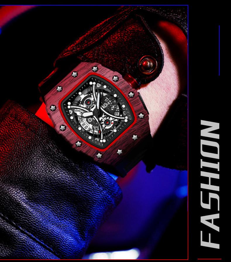 Men's Carbon Fiber Skeleton Tonneau Watch, Black Silicone Band, Sporty Quartz Wristwatch