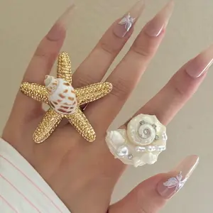 Ocean vacation style handmade natural shell personalized ring, trendy exaggerated starfish pearl stackable ring